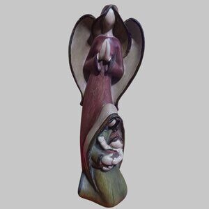 Statue of  Angel Watching over Mary  & Jesus With Praying Hands Scene